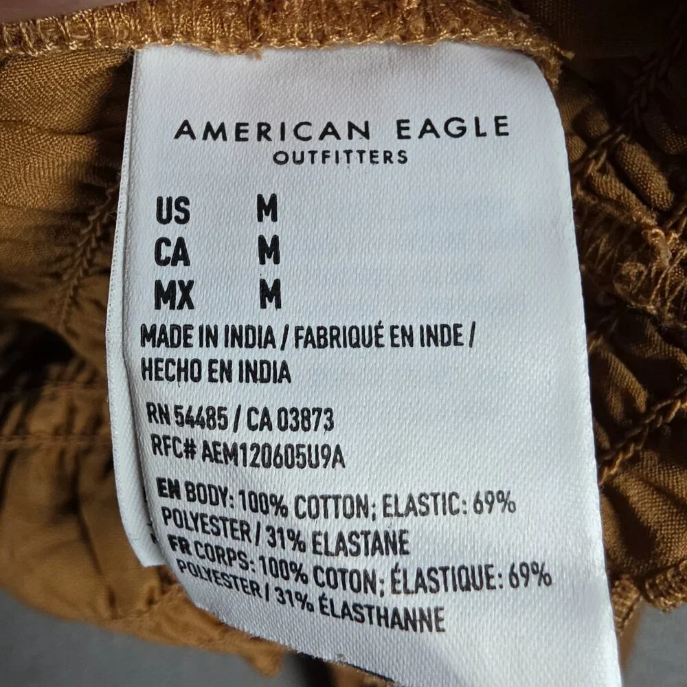 American Eagle Blouse Top Womens Medium Brown Smocked Cropped Peasant Picnic NWT